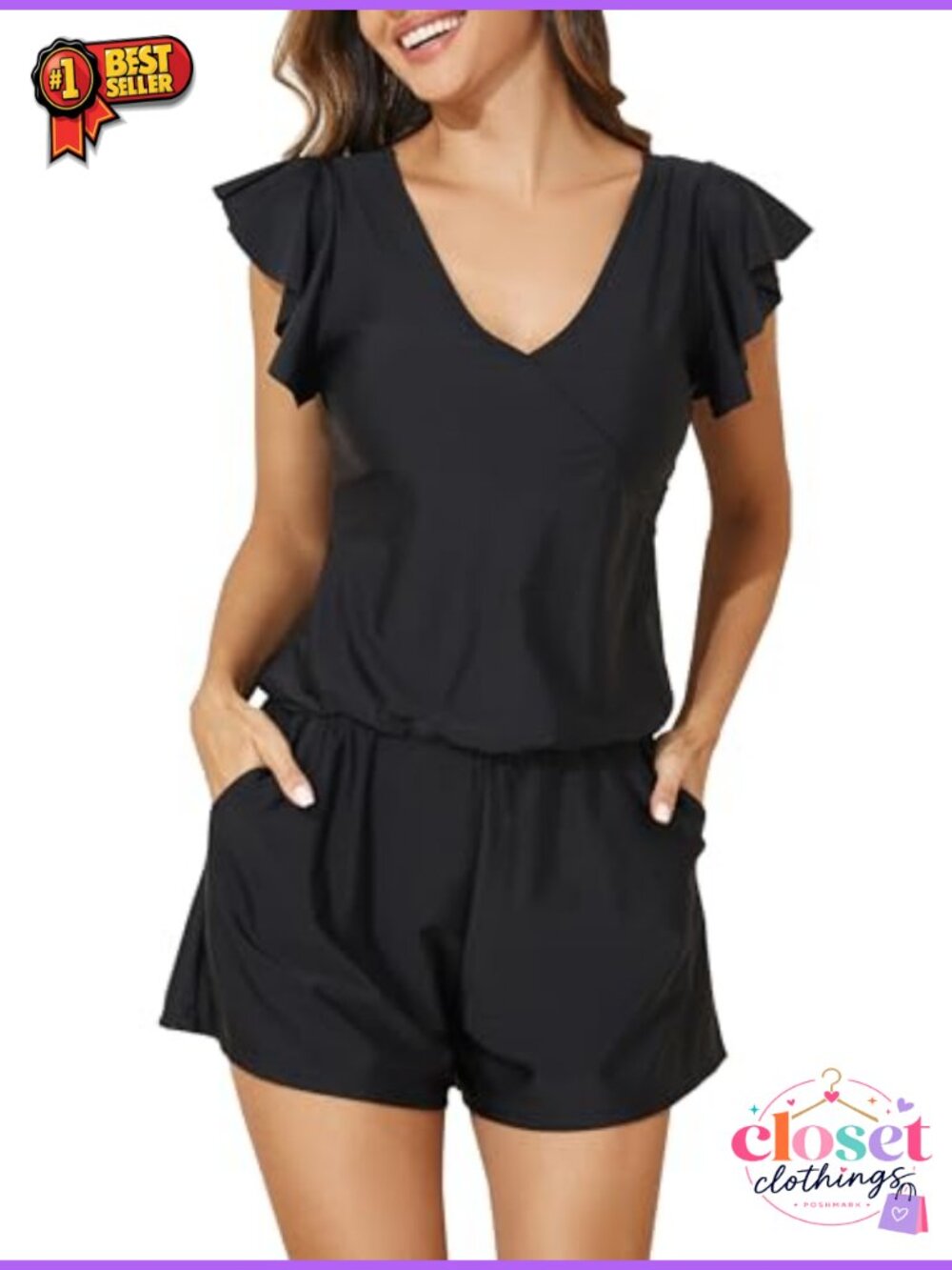 Smismivo Swim Romper Built in Bra Pockets Modest One Piece Swimsuit